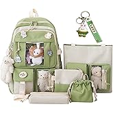 AIDISEN Kawaii Backpack 5pcs Set 17in Aesthetic sports bag with Cute Backpack, Shoulder Bag, Pencil Box, Tote Bag, Small Bag (Green backpack)