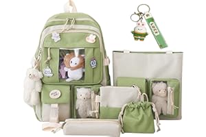 AIDISEN Kawaii Backpack 5pcs Set 17in Aesthetic sports bag with Cute Backpack, Shoulder Bag, Pencil Box, Tote Bag, Small Bag (Green backpack)
