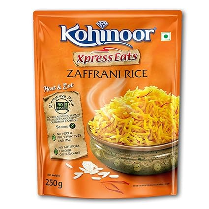 Kohinoor Xpress Eats, Ready-to-Eat Zaffrani Rice, 250g Microwave Pack