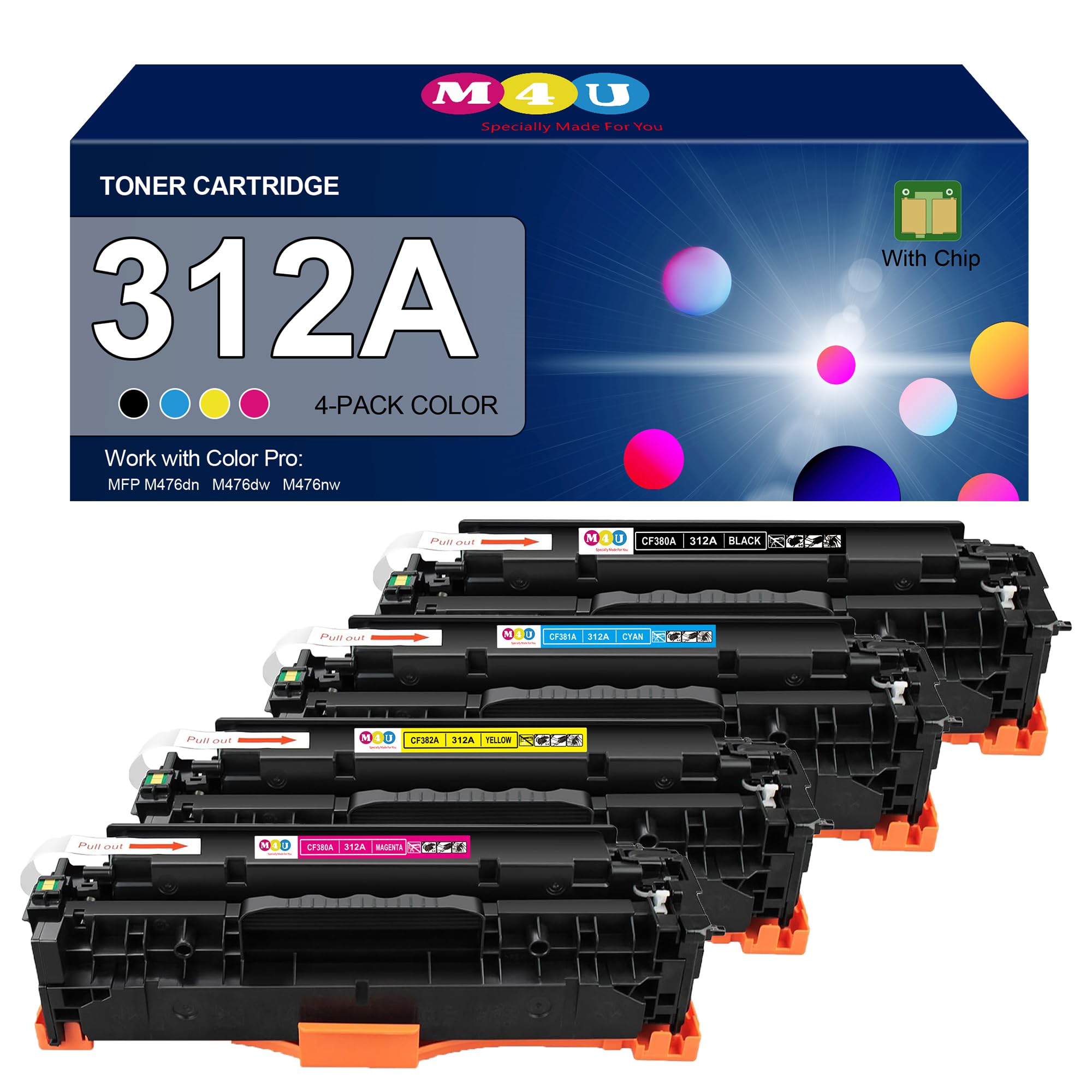 Photo 1 of 312A Remanufactured Toner Cartridges 4 Pack (with Chip) Replacement for 312A Toner Cartridge Color Laser Pro MFP M476 Series M476dn M476dw M476nw Printer (Black, Cyan, Magenta, Yellow)