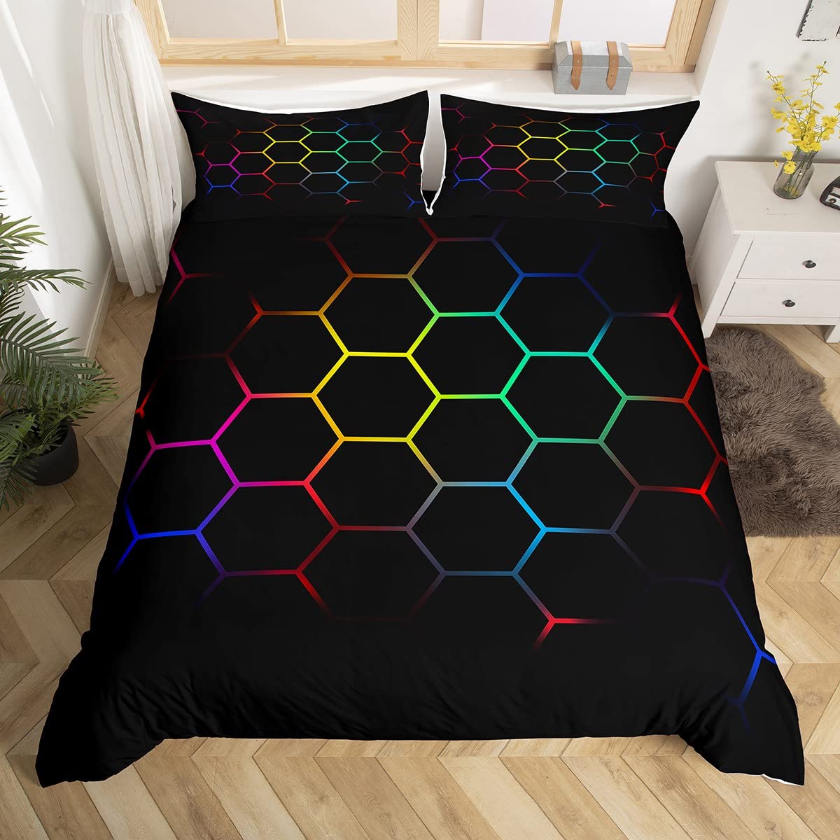 Hexagonal Bedding Set Geometric Honeycomb Duvet Cover for Kids Boys Girls Beehive Hexagon Bed Cover Yellow Red Green Black Blue Bedspread Cover 3Pcs Double Size