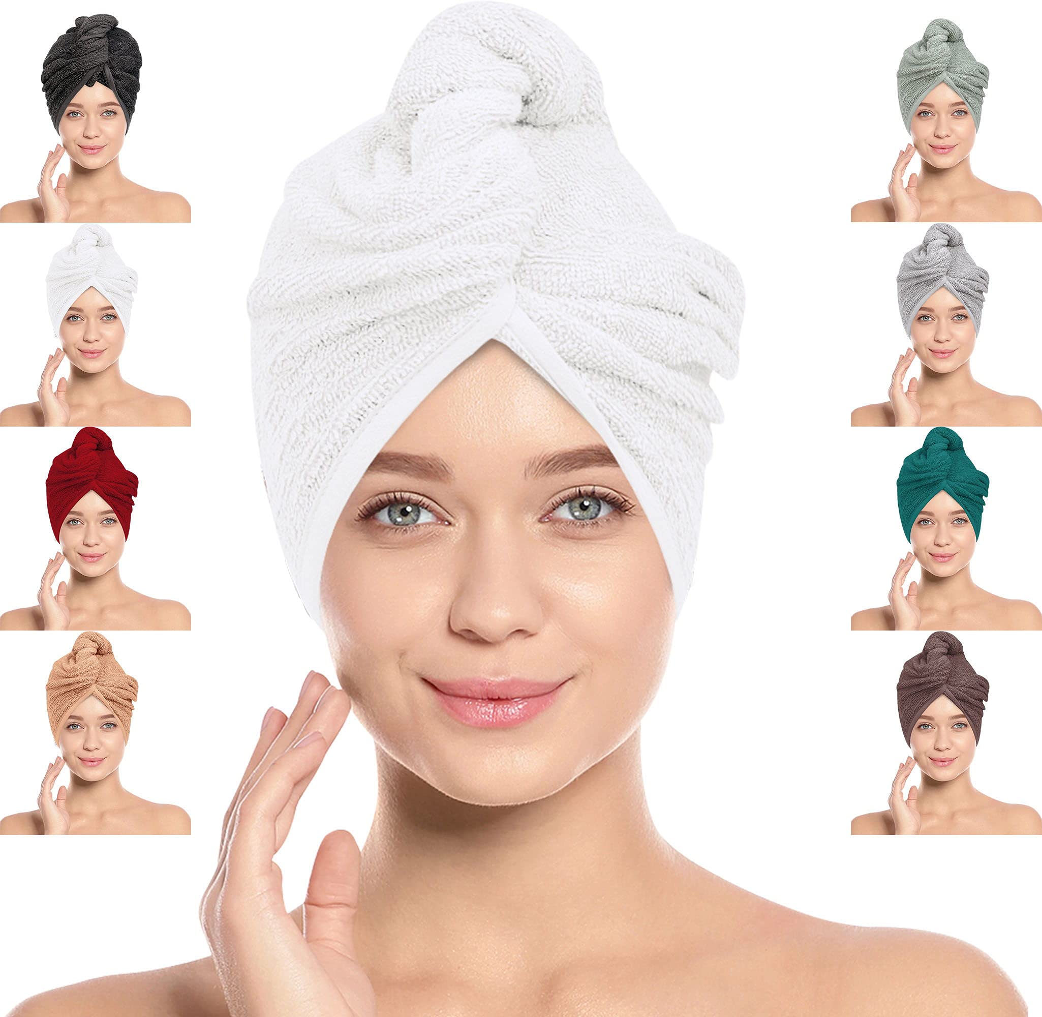 LOOMKNIT Hair Towel Wrap Lightweight Turban, Instant Drying 100% Cotton Hair Cap Super Quick Absorbent Anti-Frizz Twist Toweling Dry Hat with Button and Loop for Long Curly Hairs, 61 x 24CM