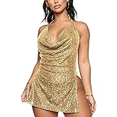 Women's Sequin Halter Bodycon Mini Dress Split Hem Backless Cowl Neck Sexy Short Dress Open Back Cocktail Party Dresses