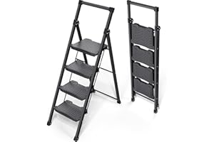 KINGRACK Step Ladder 4 Step Folding, 900lbs 4 Step Ladder with Anti-Slip Wide Pedal and Handrails, Lightwight Household Ladder, Pass 900LBS Testing, for Your Kitchen, Pantry, Closets, Office Use
