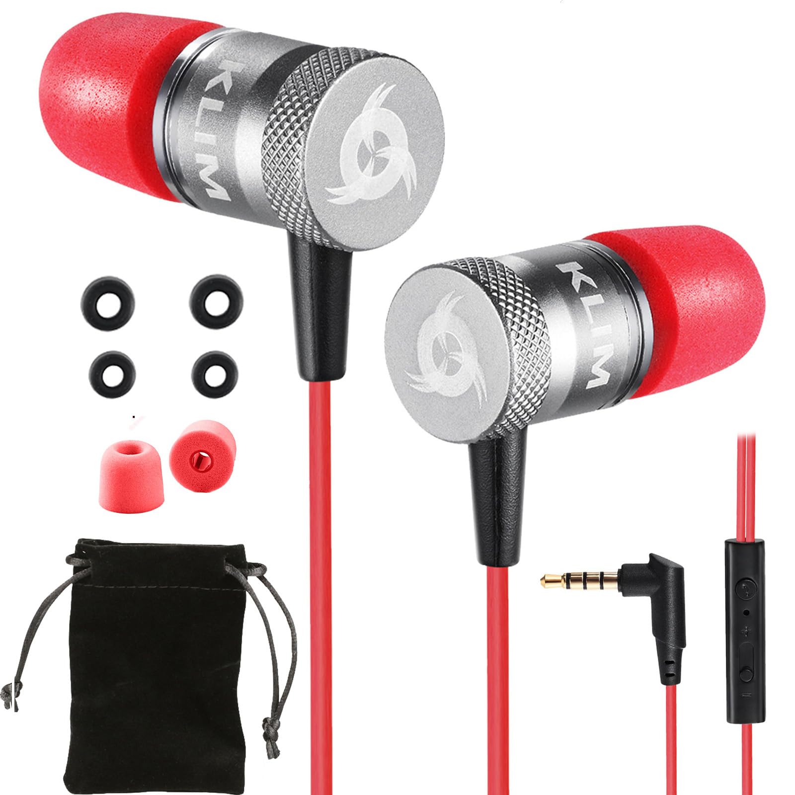 KLIM Fusion Earbuds with Microphone - Long-Lasting Wired Ear Buds - Innovative: in-Ear with Memory Foam - Earphones w/Mic and 3.5mm Jack - New Version - Red — image 1