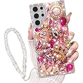 AuroiCCY for Samsung Galaxy S25 Ultra Case with Wrist Strap Lanyard, Women 3D Bling Shiny Rhinestone Diamond Crystal Pearl Handmade Glitter Cute Cover Phone Case for Galaxy S25 Ultra (Hot Pink)