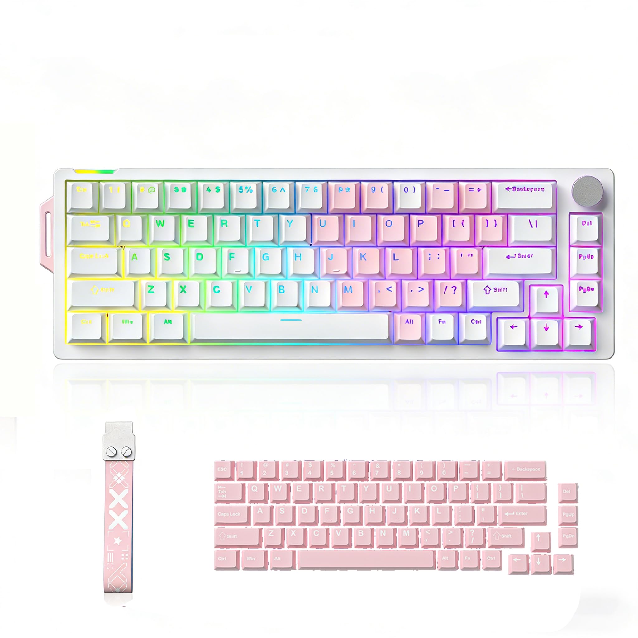 68% Wired Gaming Keyboard with Volume Knob, RGB Backlit, Mechanical Keyboard Gasket Mount with PBT Keycaps,8000 Hz Polling Rate, Hall Effect Cream Switches, Hot-Swap, for FPS Games (White+Pink)
