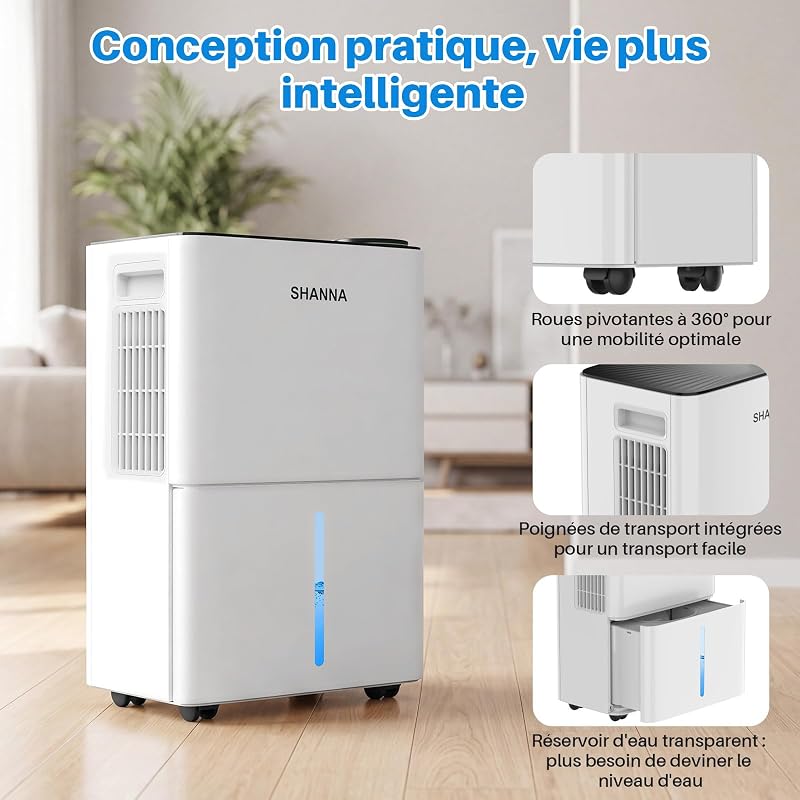 Deshumidificateur d air 15L/J, déshumidificateur pour maison 40m² avec arrêt automatique, idéal pour, salles de bains, chambres, appartements, sous-sols, Échange 1 an, Gar. 10 ans