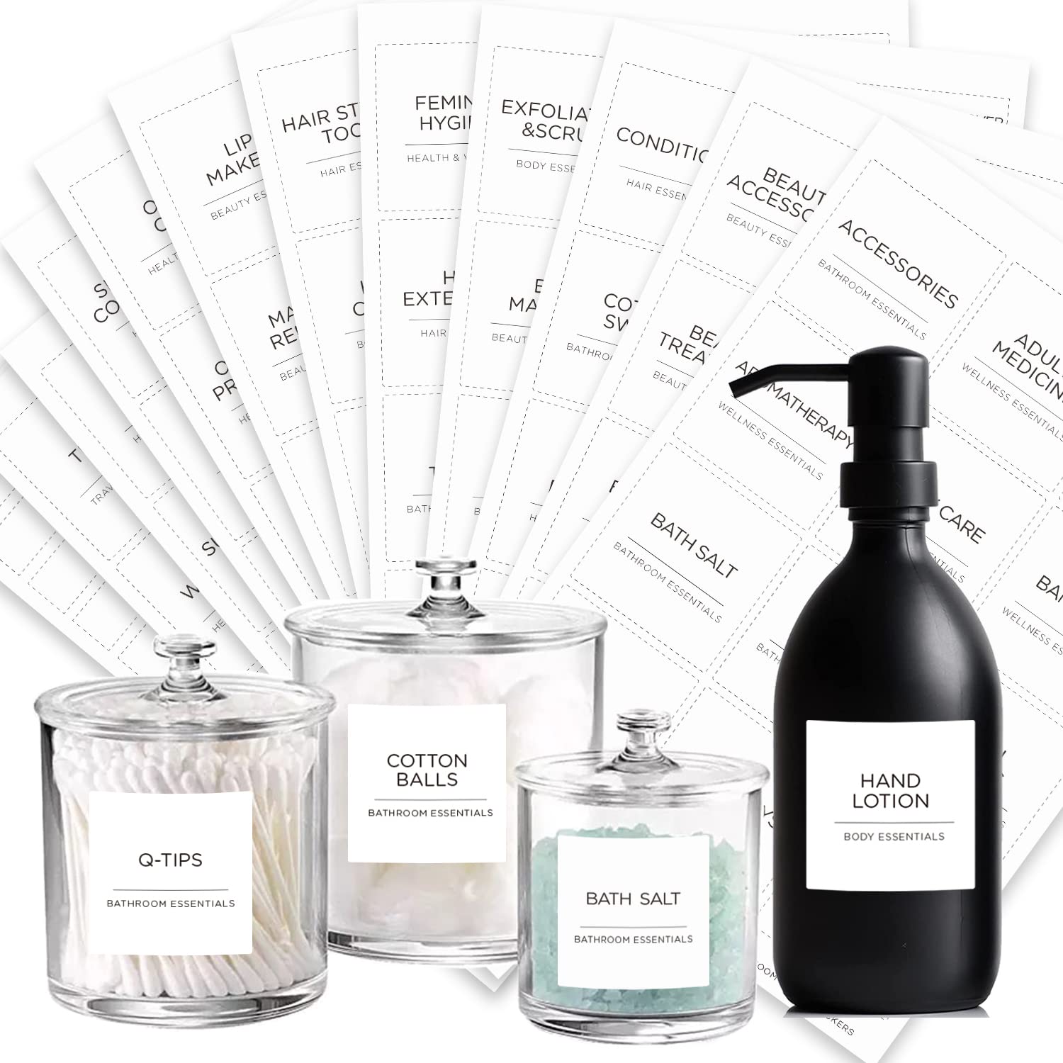 174 Minimalist Bathroom Labels Set for Organizing, Preprinted Black Print on White Matte Backing, Waterproof Beauty & Makeup Stickers for Bathroom Glass & Plastic Bottles, Metal lip Containers Storage