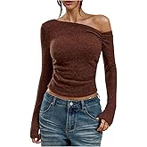 Floerns Women's Long Sleeve Y2k T Shirts Off The Shoulder Ruched Going Out Tee Tops