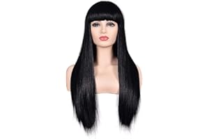 morvally Women's 26" Long Straight Black Synthetic Resistant Hair Wigs with Bangs Natural Looking Wig for Women Halloween Cosplay