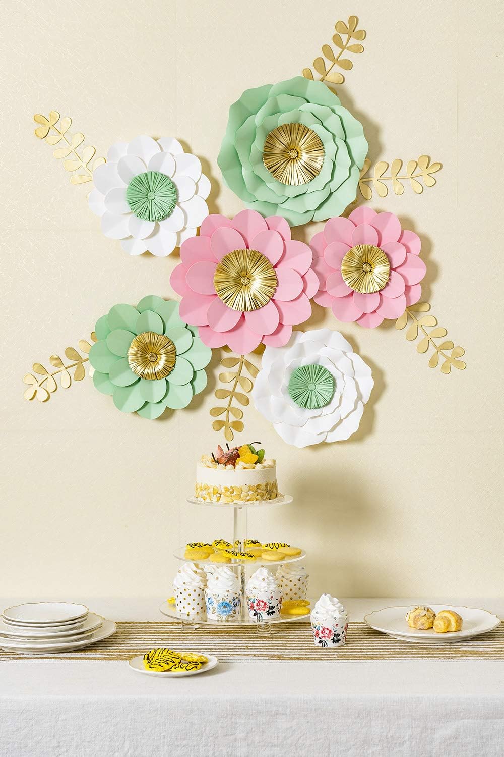 Amazon Com 3d Paper Flower Decorations Spring Giant Paper Flowers Large Handcrafted Paper Flowers Green Pink White Set Of 6 For Wedding Bridal Shower Baby Shower Nursery Wall Decor Kitchen Dining