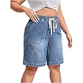 WDIRARA Women's Plus Size Drawstring Waist Denim Shorts Wide Leg Jean Bermuda Shorts with Pockets