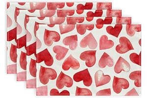 ARKENY Valentines Day Placemats 12x18 Inches Set of 4, Red Pink Heart Seasonal Farmhouse Burlap Indoor Kitchen Anniversary Wedding Dining Table Mats Decorations for Home Party