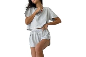 Remidoo Women's Striped Tee Shirts and Shorts Pajamas Set Side Slit Crewneck Loungewear