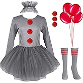 Halloween Clown Costume for Women Tutu Skirt Ruffle Collar Stripes Thin Tube Socks Faux Rabbit Fur Balls Red Latex Balloons