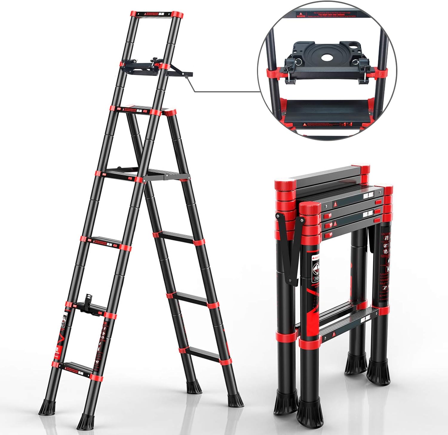 charaHOME Telescoping Ladder A-Frame Aluminum Extension Ladder Lightweight Portable Multi-Purpose Folding Ladder with Detachable Tool Tray, 330 Pound Load Capacity - - 