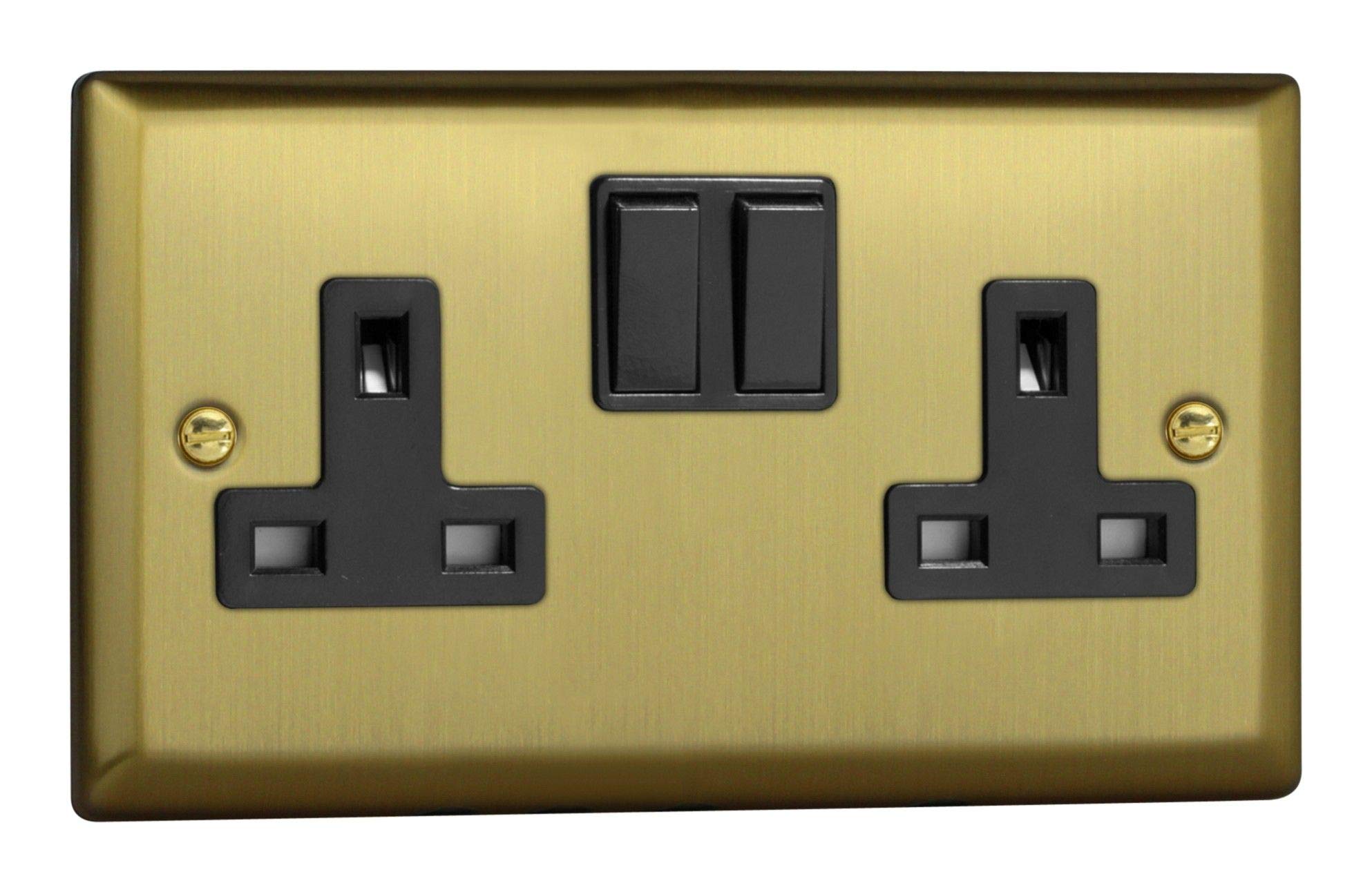 Varilight Urban Brushed Brass 2 Gang Double Pole Switched 13 Amp Plug Socket with Black Insert