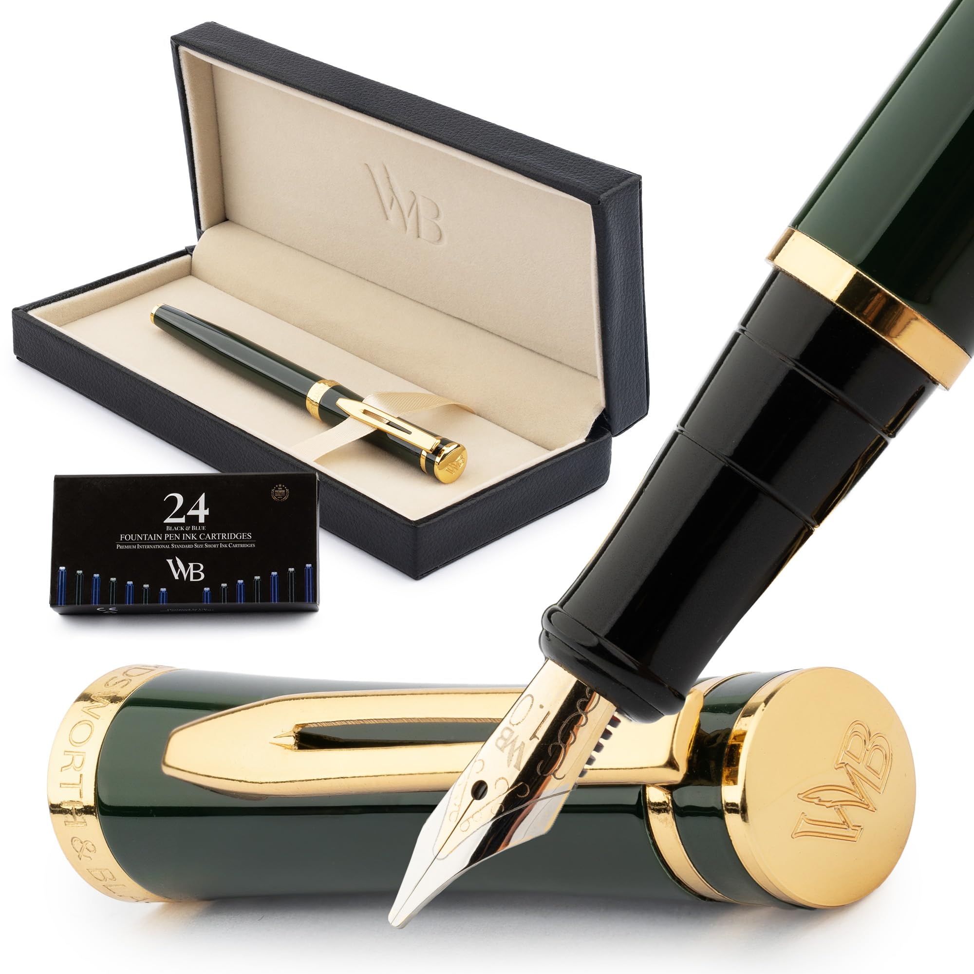 Wordsworth & Black Fountain Pen Set, 18K Gilded Broad Nib, Includes 24 Pack Ink Cartridges, Ink Refill Converter & Gift Box, Gold Finish, Calligraphy, [Racing Green], Perfect for Men & Women