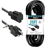 25 Ft. Outdoor Extension Cord with 3 Prong Grounded Outlets Plug Black Durable Electrical Cable SJTW 3/C 16 AWG UL & cUL List