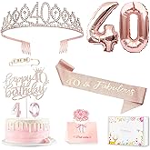40th Birthday Gifts Decorations for Women, Including 40th Happy Birthday Cake Toppers, Birthday Queen Sash with Pearl Pin, Sweet Rhinestone Tiara Crown, Number Candles and Balloons Set