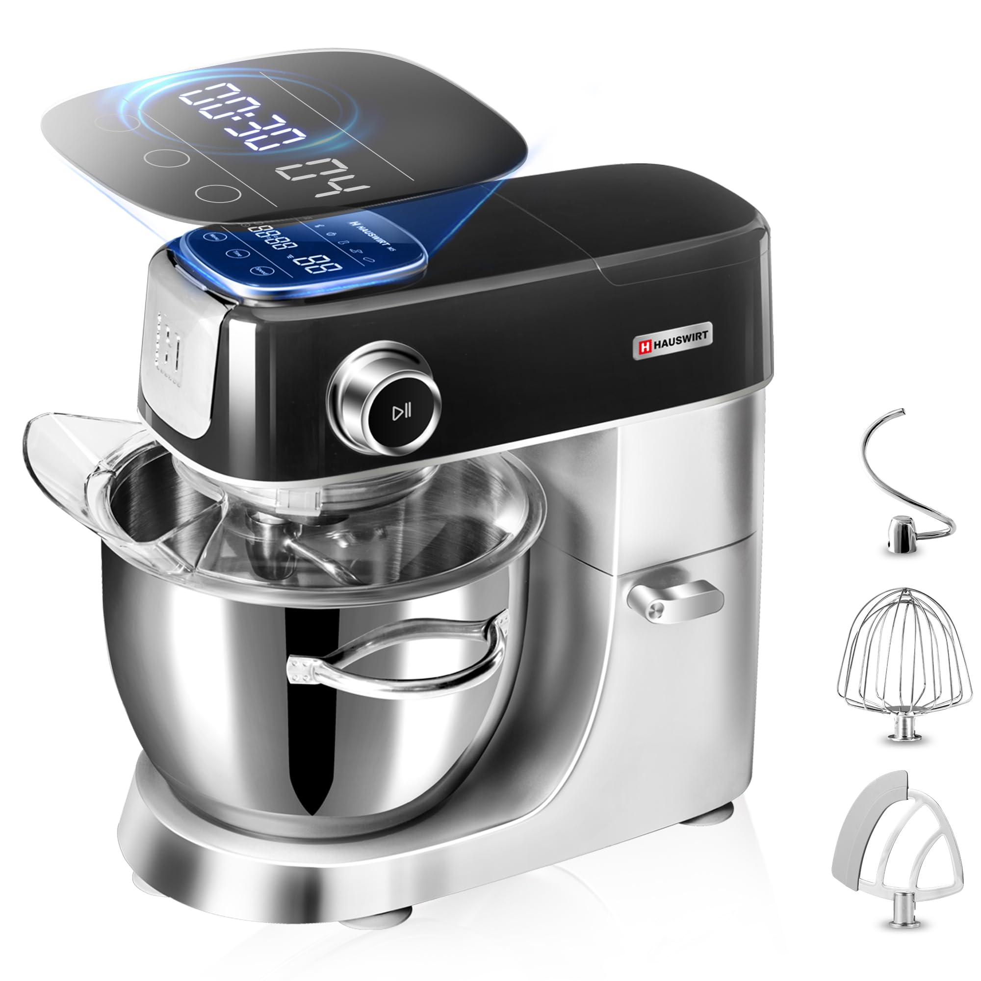 View 1 of Hauswirt High-End Smart Stand Mixer M5, LED Touchscreen Mixers Kitchen Electric Stand Mixer with 5 Preset Menus, 5.3Qt Dough Mixer, 11speeds Kitchen Mixer with Egg Whisk, Dough Hook, Beater, Black
