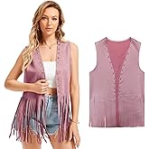Women's Fringe Vest 60s 70s Hippie Vest Sleeveless Cowgirl Western Faux Suede rivet tassel denim jacket, Halloween