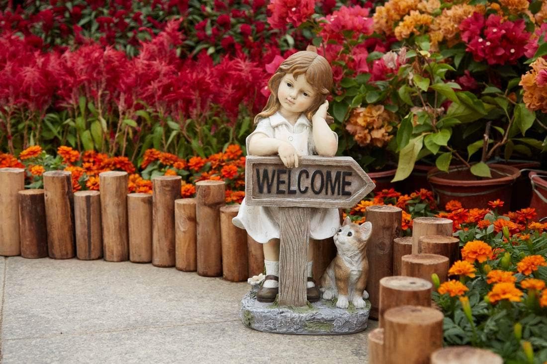 Outdoor Girl Garden Statue with Solar LED Lights, Children with Cat Statue Welcome Sign Garden Statues for Home Decor, Great for Porch, Patio, Yard Art Decorations, Cat Memorial Statues, Polyresin: Home Improvement