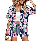 Women Hawaiian Shirt Button Down Summer Tops Beach Cool Short Sleeve V Neck Blouse