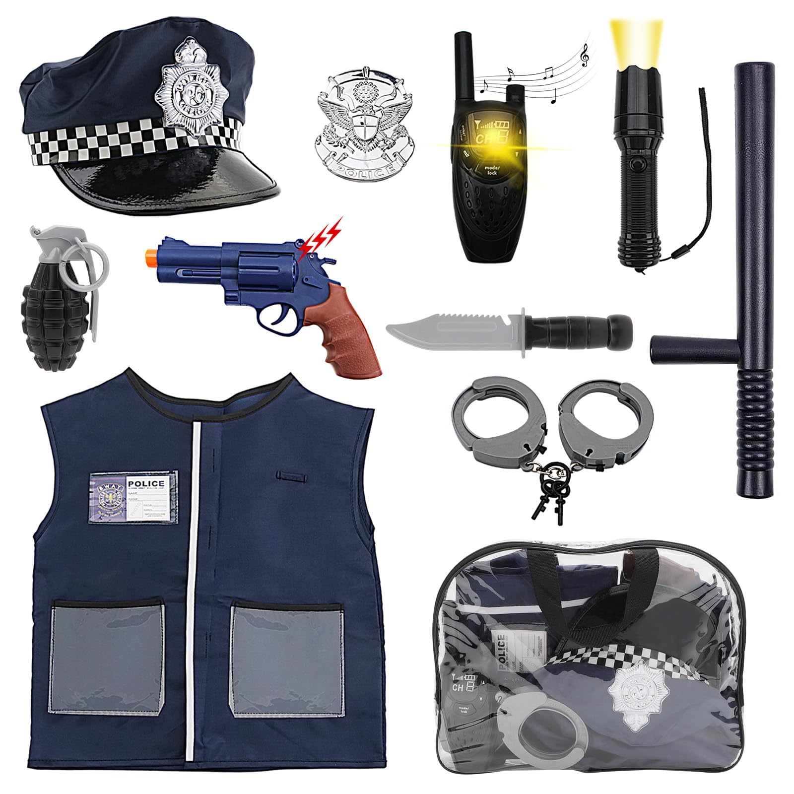 deAO Kids Police Costume Set, Handcuffs for Kids with Keys, Hat, SWAT Fancy Dress, Children Police Costume, Role-Play Fancy Dress for Boys & Girls 3 4 5 6 7 8