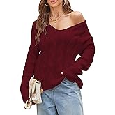 Cakulo Womens Oversized V Neck Off The Shoulder Sweaters Cable Knit Pullover Fall Sweater 2025