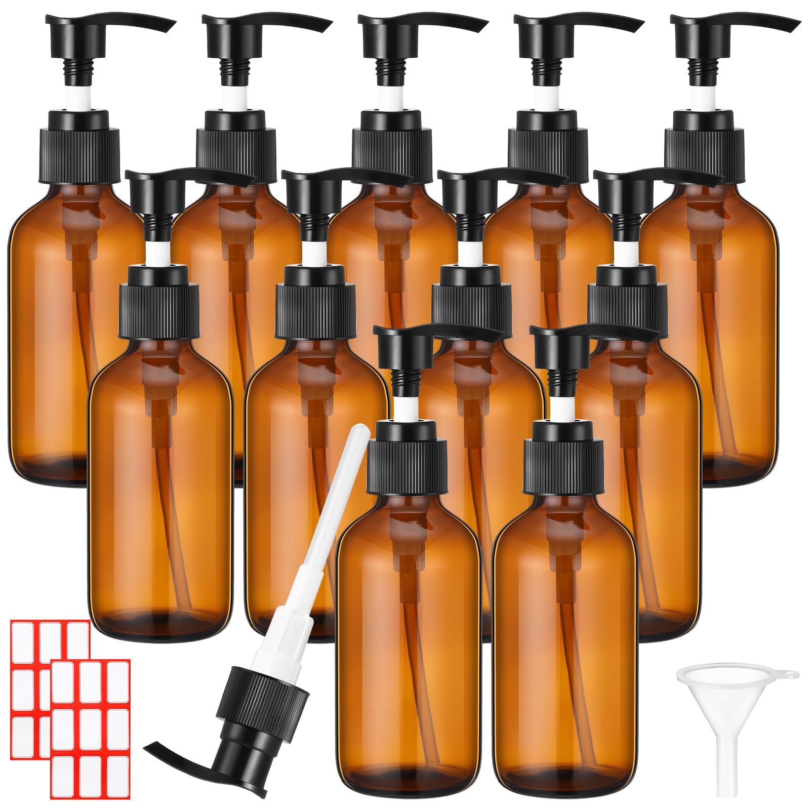 Photo 1 of Tanlade 12 Pcs Glass Pump Bottle Dispenser 4 oz Travel Bottles with Pump Refillable Glass Containers for Toiletries Lotion Liquid Soap Shampoo Essential Oils Cosmetic Travel Accessories(Amber)