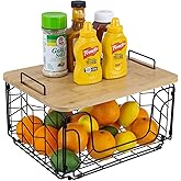 MyGift Kitchen Storage Wire Basket, Foldable Matte Black Metal Fruit and Produce Basket with Bamboo Cutting Board Lid, Pantry Counter Organization