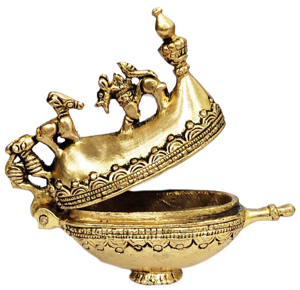Purpledip Brass Sindoor Box: Manu's Boat Design Temple Kumkum Holder (12101)