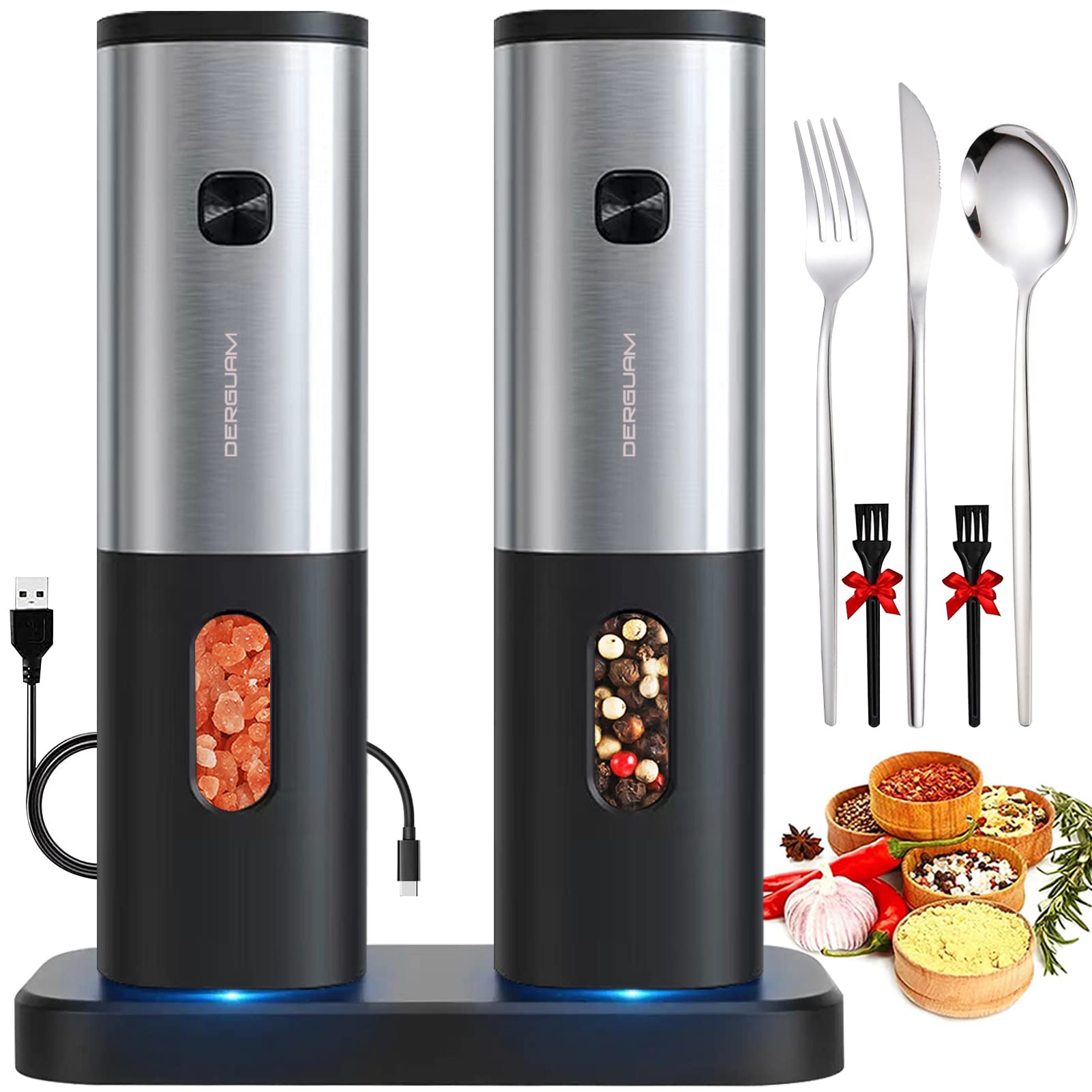 Photo 1 of ***PARTIAL SET - PRICE ADJUSTED***
Rechargeable Electric Salt and Pepper Grinder Set with Charging Base, DERGUAM Stainless Steel Pepper Grinder with Adjustable Coarseness and Led Light