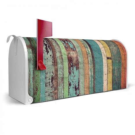 BANJADO US Mailbox | Amerikanischer Briefkasten 51x22x17cm | Letterbox Stahl weiß | mit Motiv Bunte Bretterwand, Briefkasten: