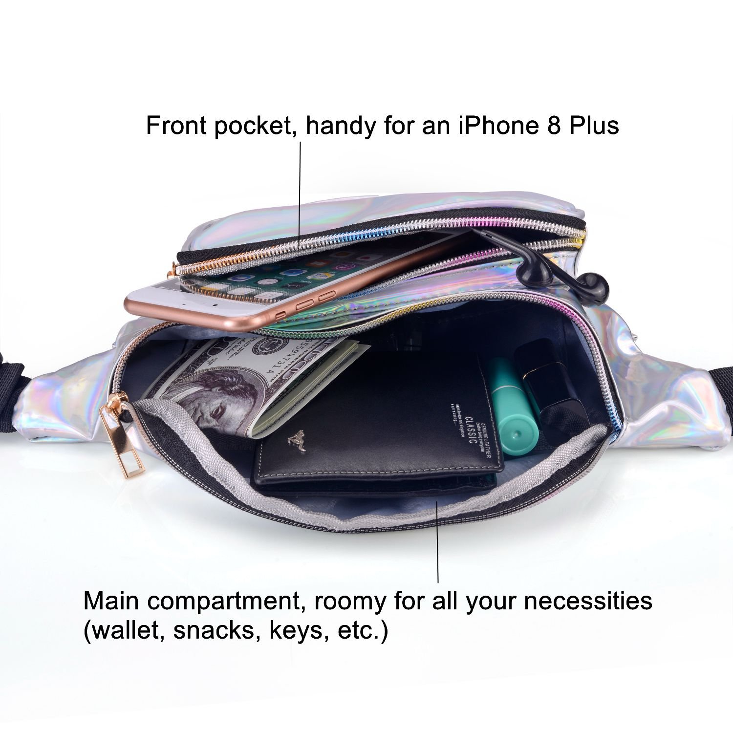 LEADO Holographic Fanny Pack for Women, Fashion Waist Pack for Rave, Festival, Party (Silver)