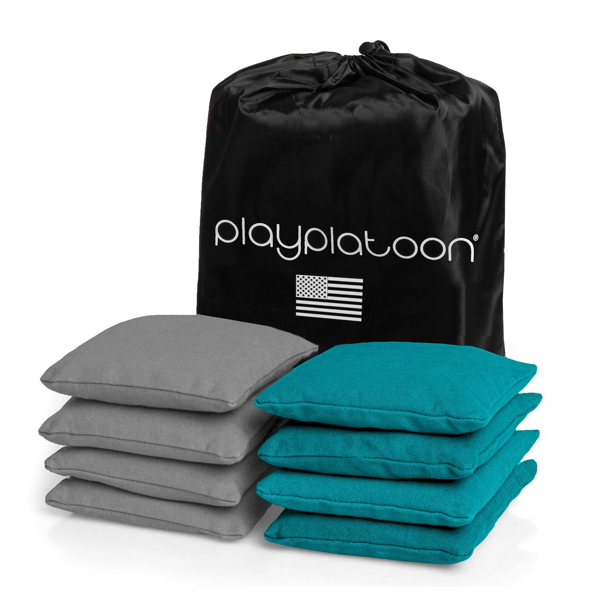 Play Platoon Weather Resistant Cornhole Bags - Set of 8 Regulation Corn Hole - Teal & Gray - Durable Duck Cloth Corn Hole for Tossing Game, Includes Tote Bag