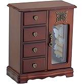 RR ROUND RICH DESIGN Solid Wooden Jewelry Box Makeup and Organizer Women Ring Storage with 4-Drawers Built-in Necklace Carousel and Mirror Brown