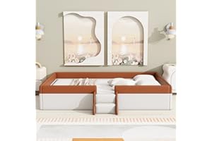 Merax Queen Size Upholstered Kids Daybed Frame with Fence and Stairs, Wood Bed for Living Room, Floor Bed, White+Brown