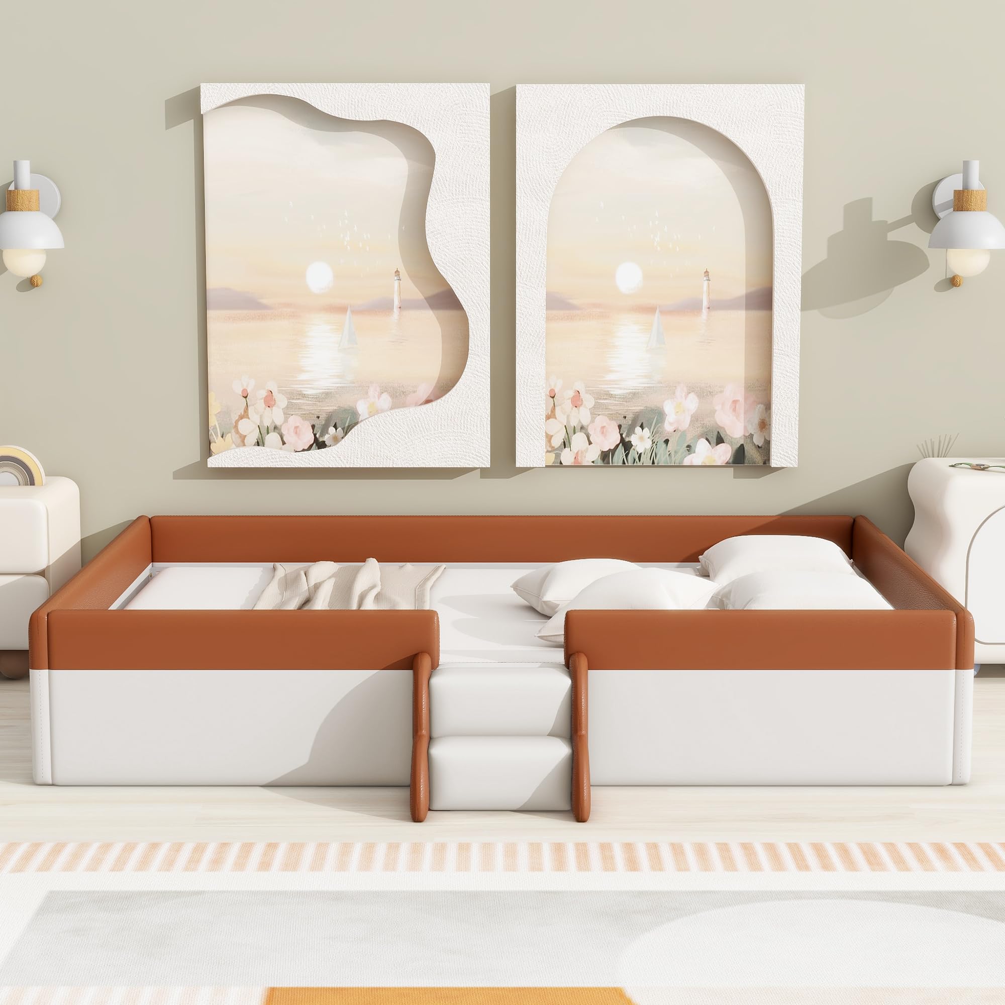 Photo 1 of **** ONLY 1 BOX OF 2****Merax Queen Size Upholstered Kids Daybed Frame with Fence and Stairs, Wood Bed for Living Room, Floor Bed, White+Brown