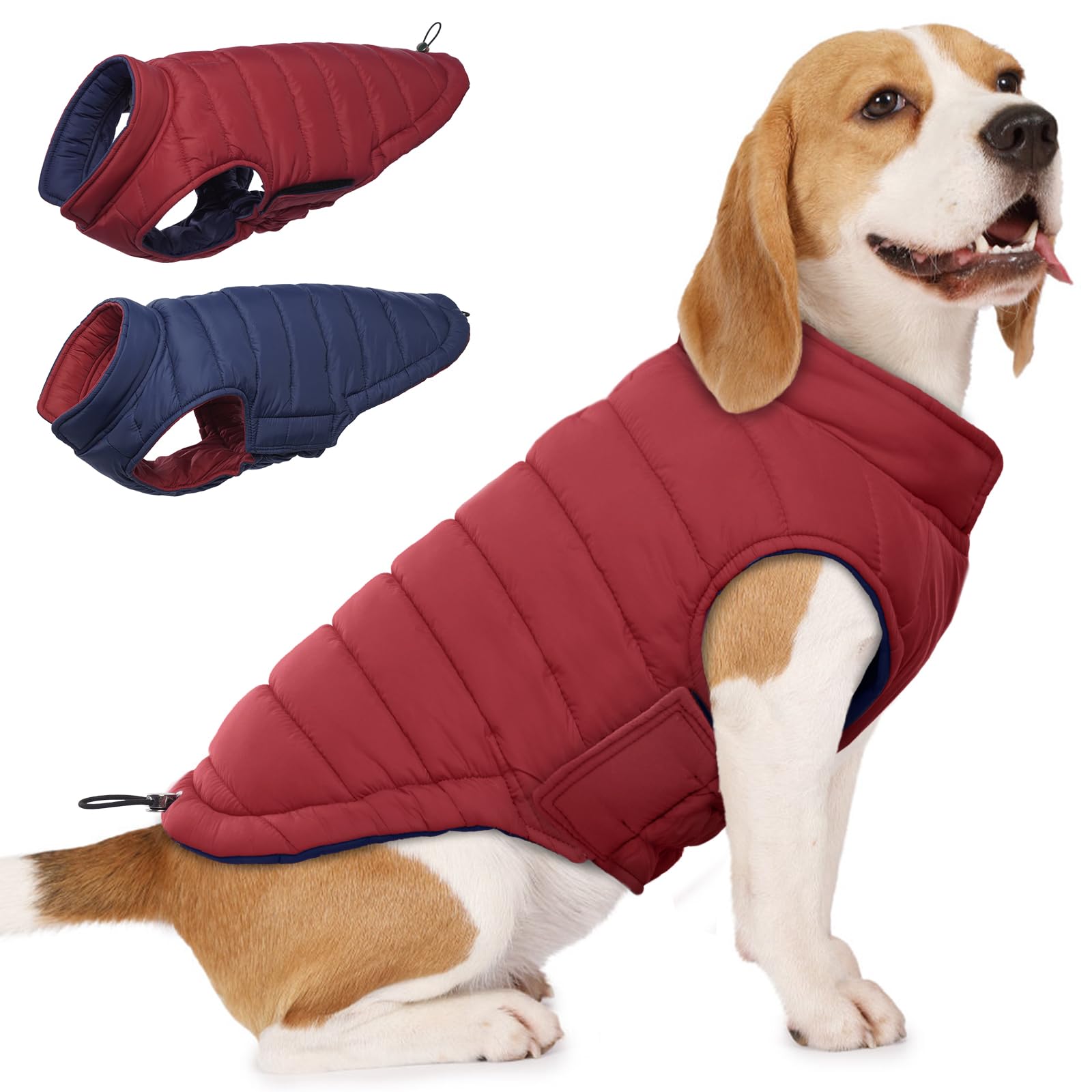 Lelepet Reversible Dog Winter Coat, Warm Waterproof Jacket for Large dogs, Puppy Winter Puffer Jacket, Windproof Dog Vest, Easy on/Off, Wine Red XL