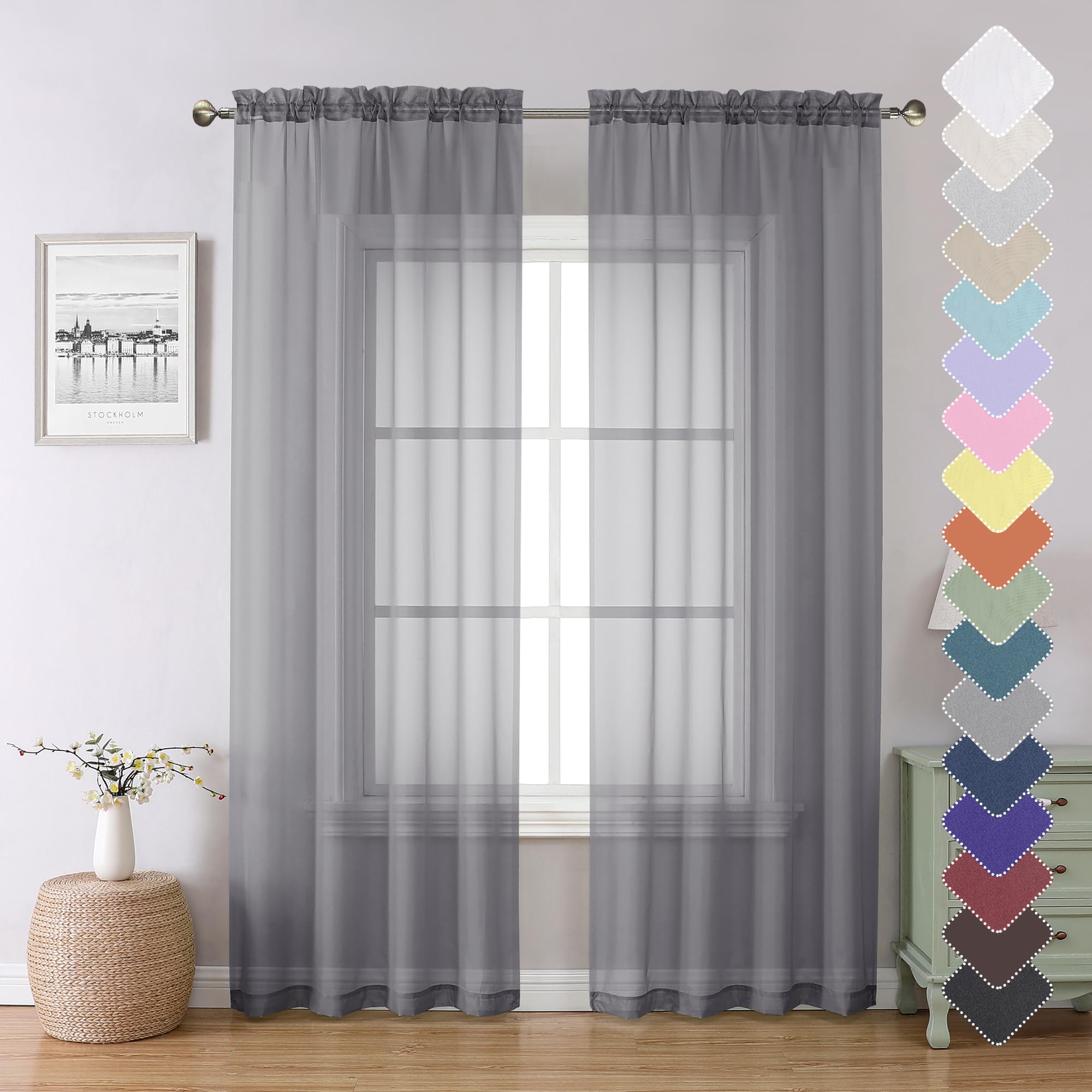 Photo 1 of Lecloud Charcoal Grey Sheer Curtains 84 Inches Long 2 Panels, Voile Airy Light Filtering Curtains for Living Room Bedroom, Dual Rod Pocket Sheer Window Treatments Drapes, Each Panel 40" W x 84" L