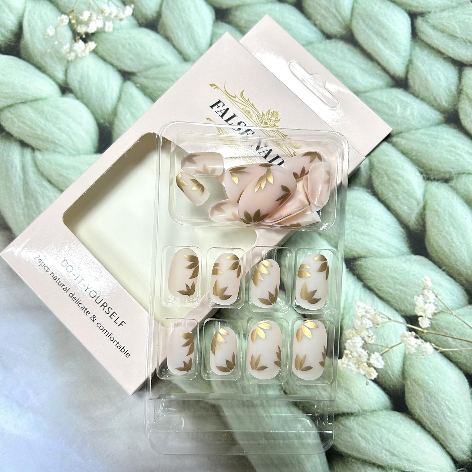 TBRZTR Press on Nails Short Length Almond Shaped Nails Artificial Acrylic Nails Gold Leaves Design Fake Nails Full Cover Glossy Reusable Coffin False Nails Glue on Nails for Women 24Pcs - Image 5