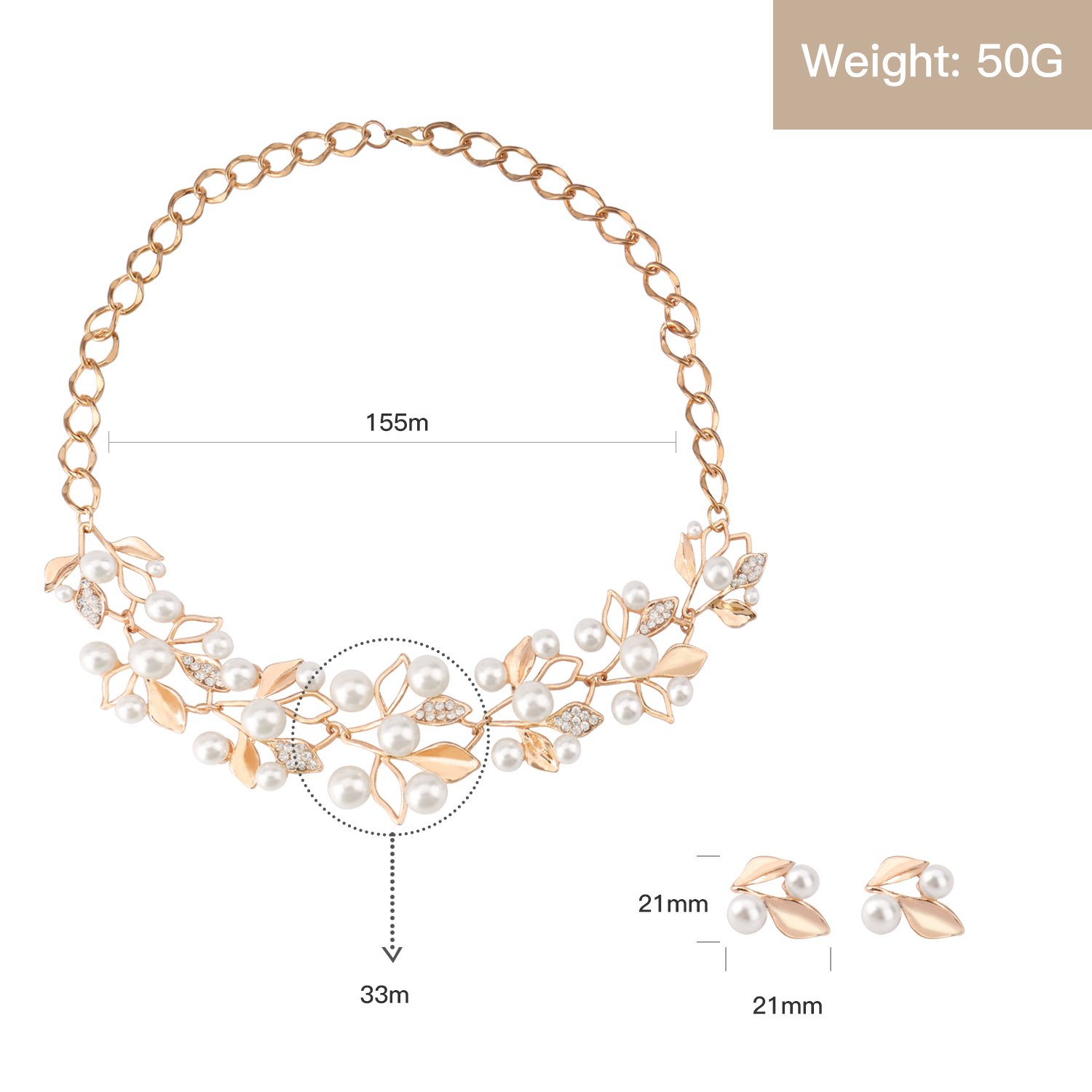 UHIBROS Gold Rhinestone Crystal Pearl Necklace Earrings Stub Alloy Jewelry Set