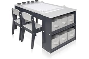 Milliard Kids Art Table and Chair Set - 2-in-1 Easel & Kids Craft Table and Chairs with Storage - Activity Station, Coloring, Drawing - 5 Paint Cups, 6 Storage Bins & Paper Roll - for Ages 8-12 & 4-8