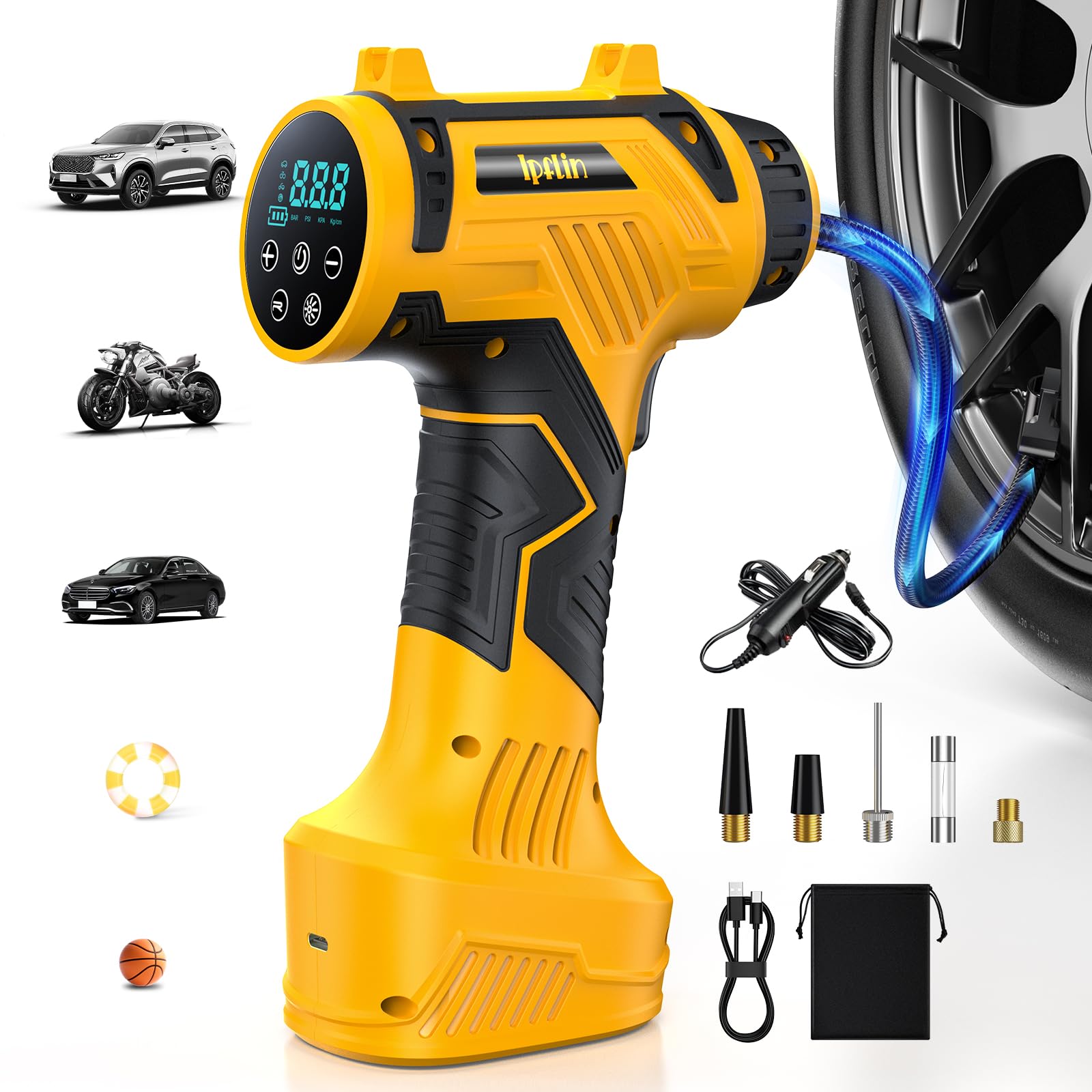 Tire Inflator Portable Air Compressor Built-in Battery - Corded/Cordless Tire Inflator - 9600 mAh & 12V DC, 2X Faster Inflation Handheld Air Compressor, 160PSI Air Pump for Car, SUV, Motorcycle, Ball Image