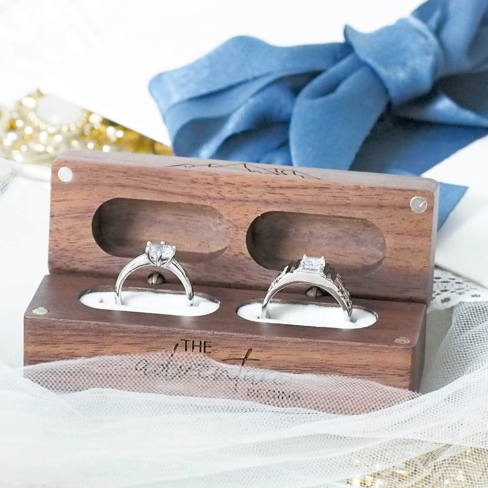 Engraved Flip Wooden 2 Ring box for wedding -Rustic Vintage Solid Wood rectangle Jewelry Storage Box