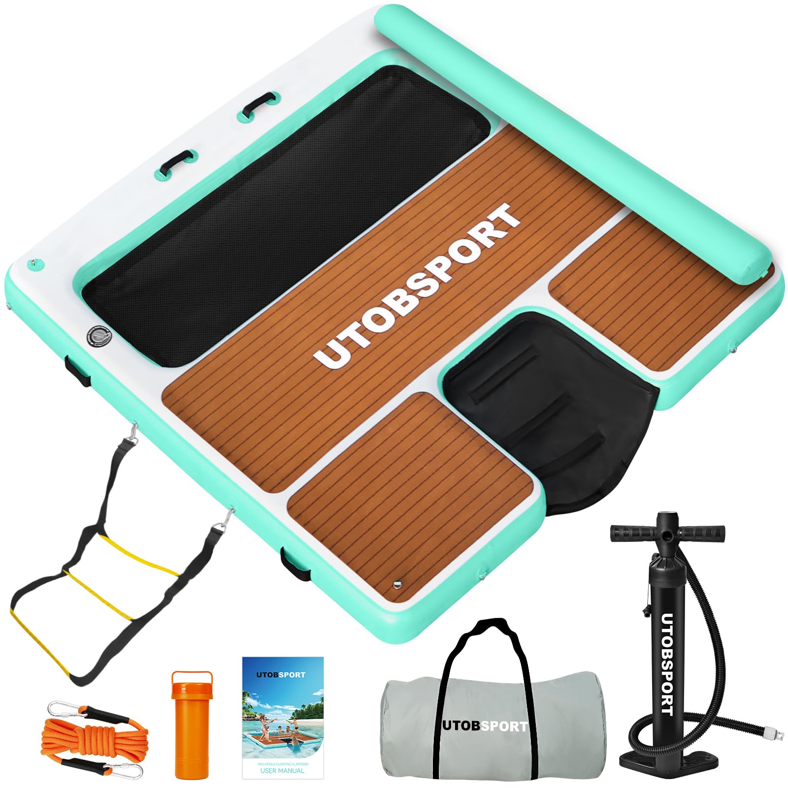 Photo 1 of UTOBSPORT Inflatable Floating Dock 8X8 FT Floating Rafts with Water Ramp & Water Hammock Floating Island/Floating Platform, Wood Grain Non - Slip Surface, Ideal for Pool, Ocean, Lakes (Mint Green)