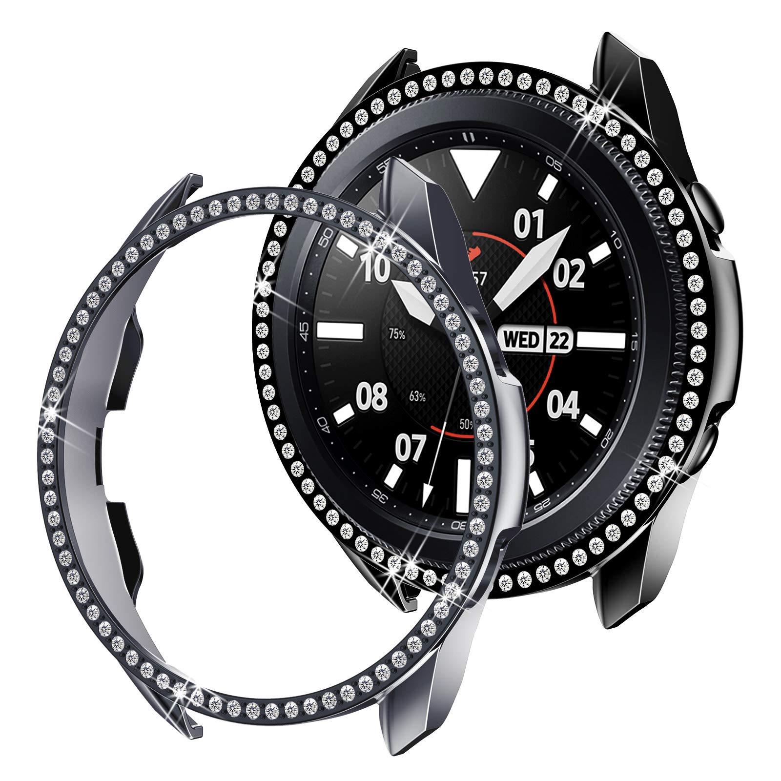 Yolovie (2 Pack) Compatible with Galaxy Watch 3 41mm 45mm Case, Bling Crystal Rhinestone Bumper Shell Protective Frame Shiny Diamond Cases for Women (45mm Gray Black)